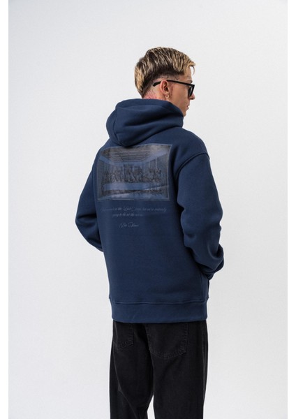 Erkek Da Vinci Baskılı Kapüşonlu Oversize Hoodie Lacivert indirimleri