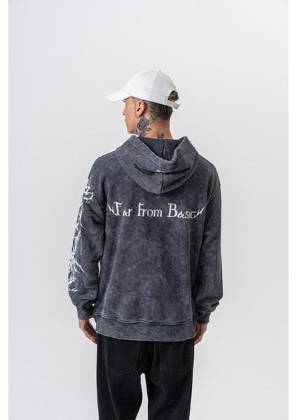 Erkek Far From Basic Baskılı Yıkamalı Kapüşonlu Oversize Hoodie Siyah