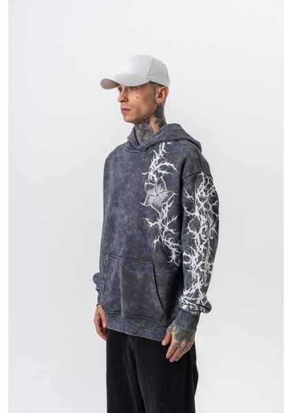 Erkek Far From Basic Baskılı Yıkamalı Kapüşonlu Oversize Hoodie Siyah modelleri