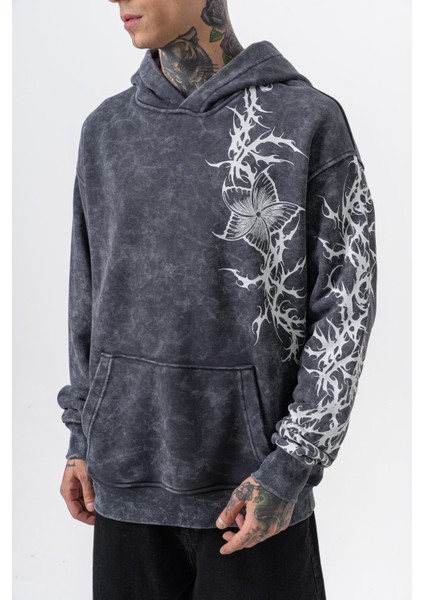 Erkek Far From Basic Baskılı Yıkamalı Kapüşonlu Oversize Hoodie Siyah fırsatları