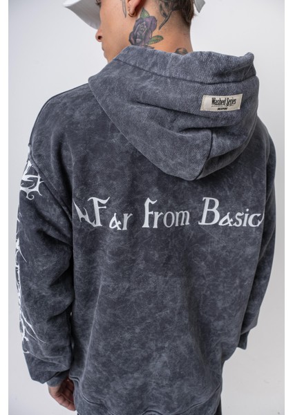 Erkek Far From Basic Baskılı Yıkamalı Kapüşonlu Oversize Hoodie Siyah indirimleri