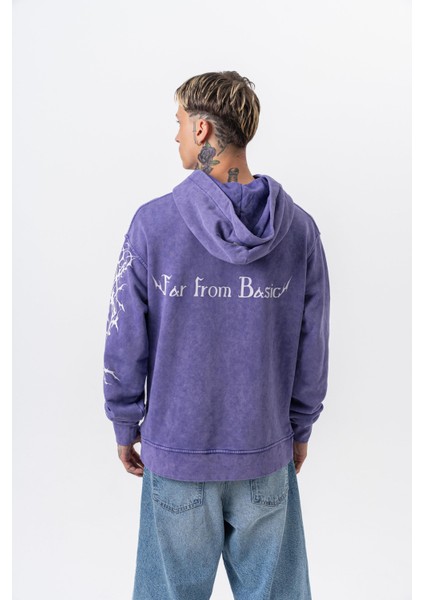 Erkek Far From Basic Baskılı Yıkamalı Kapüşonlu Oversize Hoodie Mor