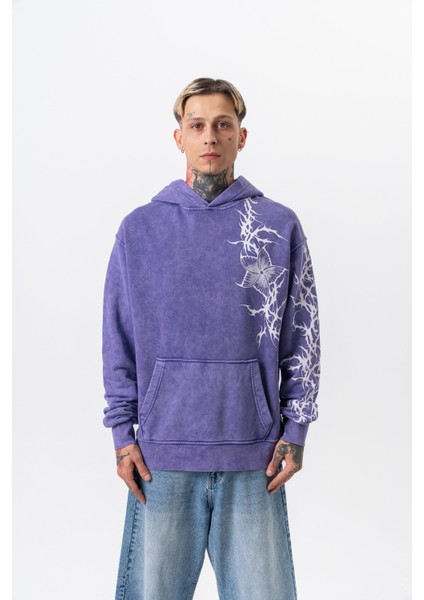 Erkek Far From Basic Baskılı Yıkamalı Kapüşonlu Oversize Hoodie Mor fiyatları
