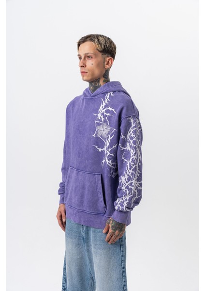 Erkek Far From Basic Baskılı Yıkamalı Kapüşonlu Oversize Hoodie Mor modelleri