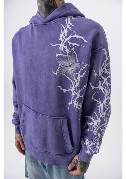 Erkek Far From Basic Baskılı Yıkamalı Kapüşonlu Oversize Hoodie Mor fırsatları