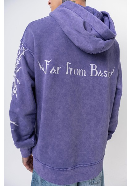 Erkek Far From Basic Baskılı Yıkamalı Kapüşonlu Oversize Hoodie Mor indirimleri