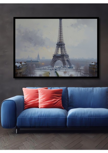 Çerçeve Görünümlü Karlı Paris Eyfel Kulesi Yağlı Boya Görünümlü Dekoratif Ahşap Ofis Kare Tablo