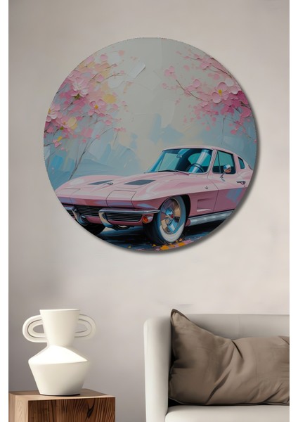 Pembe Corvette Çiçek Bahçesi Yağlı Boya Görünümlü Dekoratif Ahşap Ev/işyeri/ofis Yuvarlak Tablo