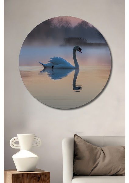 Pastel Tonlarda Kuğu Gölü Yağlı Boya Görünümlü Dekoratif Ahşap Ev/işyeri/ofis Yuvarlak Tablo