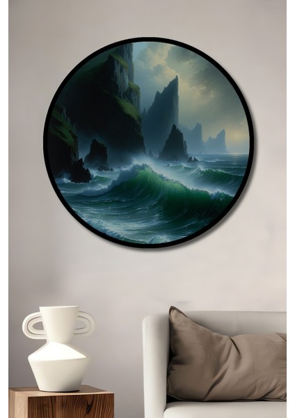 Çerçeve Görünümlü Yeşil Dalgalı Deniz Yağlı Boya Görünümlü Dekoratif Ahşap Ofis Yuvarlak Tablo