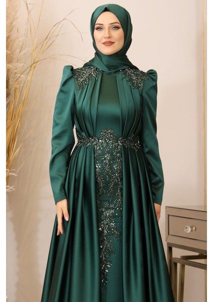 Karaca Önü Drapeli Aplikli Tesettür Abiye Zümrüt fiyatları