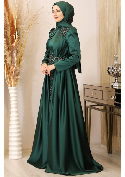 Karaca Önü Drapeli Aplikli Tesettür Abiye Zümrüt fırsatları