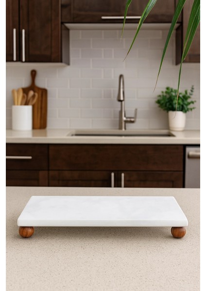 Ahşap Top Ayaklı Mermer Yağdanlık Altlığı & Sunumluk 24 cm x 12 cm