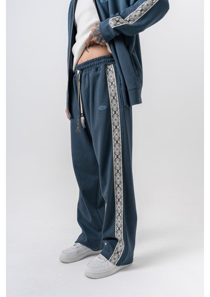 Erkek Damask Şerit Detaylı Kışlık Doubleface Baggy Eşofman Altı Petrol