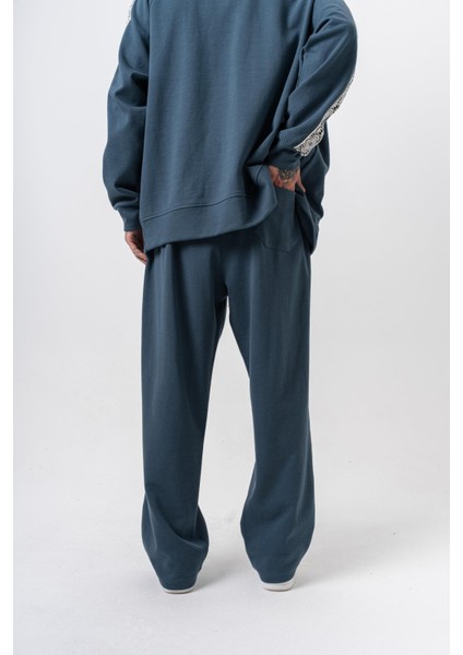 Erkek Damask Şerit Detaylı Kışlık Doubleface Baggy Eşofman Altı Petrol modelleri