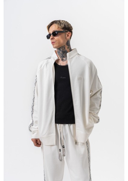 Erkek Damask Şerit Detaylı Dik Yaka Doubleface Zip Oversize Sweatshirt Ekru