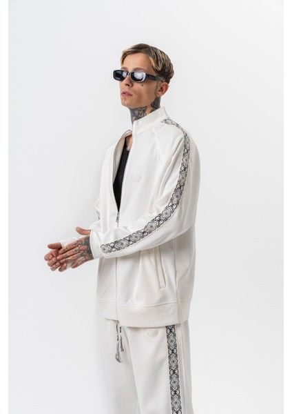 Erkek Damask Şerit Detaylı Dik Yaka Doubleface Zip Oversize Sweatshirt Ekru fiyatları