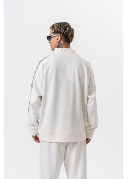 Erkek Damask Şerit Detaylı Dik Yaka Doubleface Zip Oversize Sweatshirt Ekru modelleri