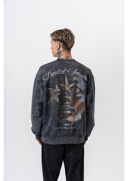 Erkek Divided Baskılı Yıkamalı Bisiklet Yaka Oversize Sweatshirt Siyah