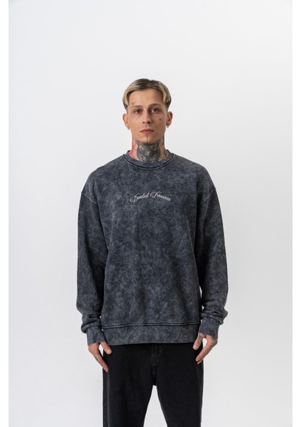 Erkek Divided Baskılı Yıkamalı Bisiklet Yaka Oversize Sweatshirt Siyah fiyatları