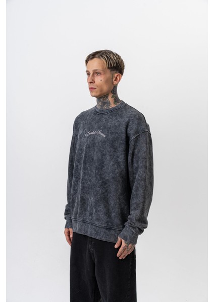 Erkek Divided Baskılı Yıkamalı Bisiklet Yaka Oversize Sweatshirt Siyah modelleri