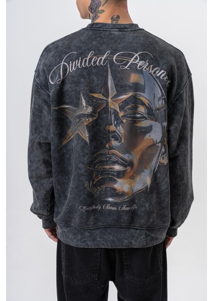 Erkek Divided Baskılı Yıkamalı Bisiklet Yaka Oversize Sweatshirt Siyah fırsatları