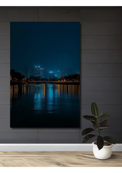 Gece Işıkları Şehir Manzarası Yağlı Boya Görünümlü Dekoratif Ahşap Ev/işyeri/ofis Kare Tablo