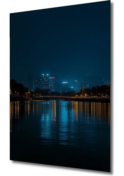 Gece Işıkları Şehir Manzarası Yağlı Boya Görünümlü Dekoratif Ahşap Ev/işyeri/ofis Kare Tablo fiyatları