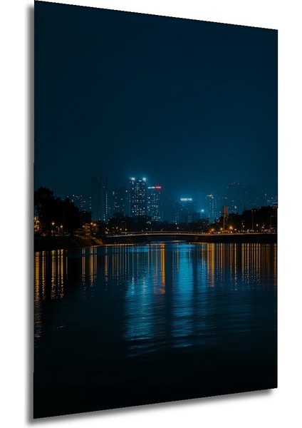 Gece Işıkları Şehir Manzarası Yağlı Boya Görünümlü Dekoratif Ahşap Ev/işyeri/ofis Kare Tablo modelleri