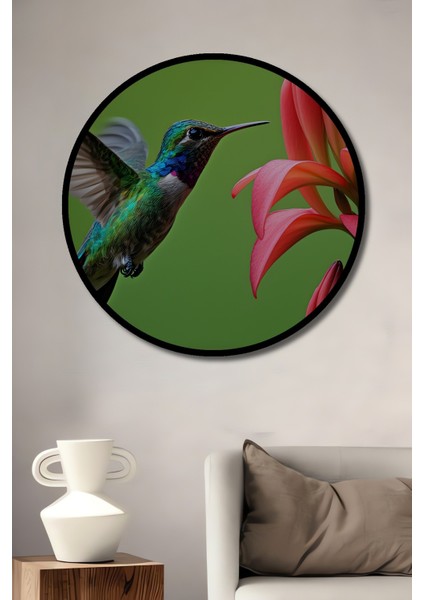 Çerçeve Görünümlü Sulu Boya Görünümlü Kolibri Kuşu ve Çiçek Ahengi Ahşap Ofis Yuvarlak Tablo
