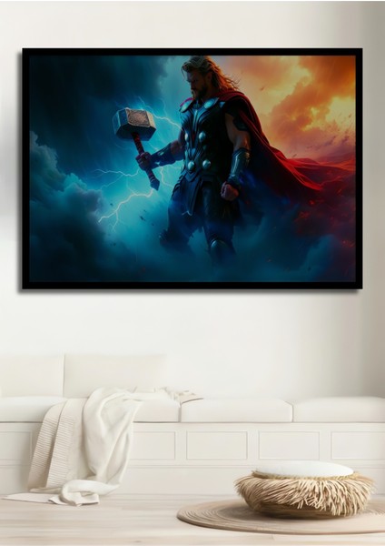 Çerçeve Görünümlü Thor Çekiç Mjolnir Fırtına Tanrısı Yağlı Boya Görünümlü Ahşap Ofis Kare Tablo