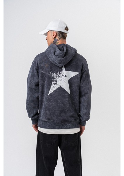 Erkek Star Baskılı Yıkamalı Kapüşonlu Oversize Hoodie Siyah