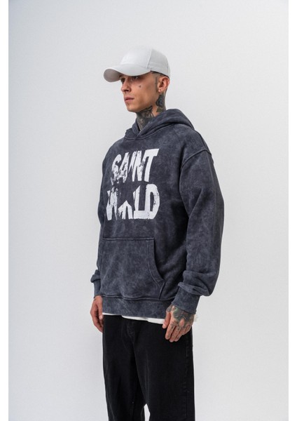 Erkek Star Baskılı Yıkamalı Kapüşonlu Oversize Hoodie Siyah modelleri