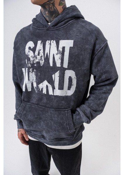 Erkek Star Baskılı Yıkamalı Kapüşonlu Oversize Hoodie Siyah fırsatları