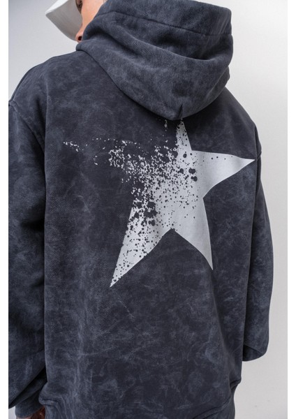 Erkek Star Baskılı Yıkamalı Kapüşonlu Oversize Hoodie Siyah indirimleri