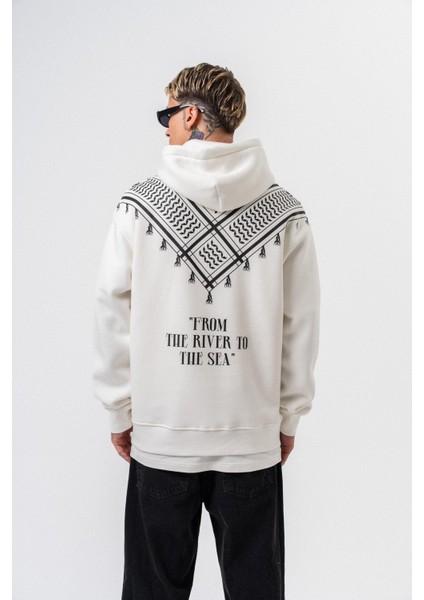 Erkek The Sea Baskılı Kapüşonlu Oversize Hoodie Ekru