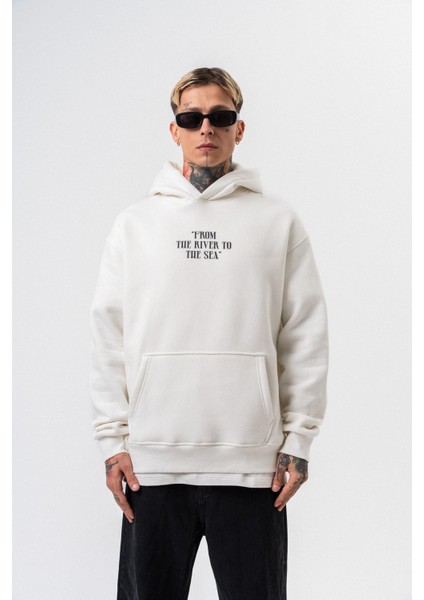 Erkek The Sea Baskılı Kapüşonlu Oversize Hoodie Ekru fiyatları