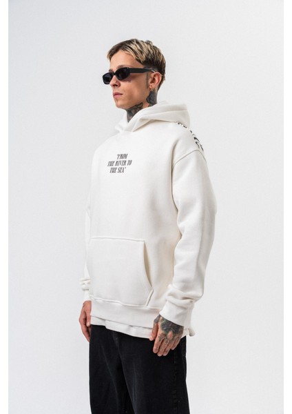 Erkek The Sea Baskılı Kapüşonlu Oversize Hoodie Ekru modelleri