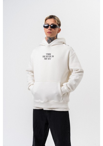 Erkek The Sea Baskılı Kapüşonlu Oversize Hoodie Ekru fırsatları
