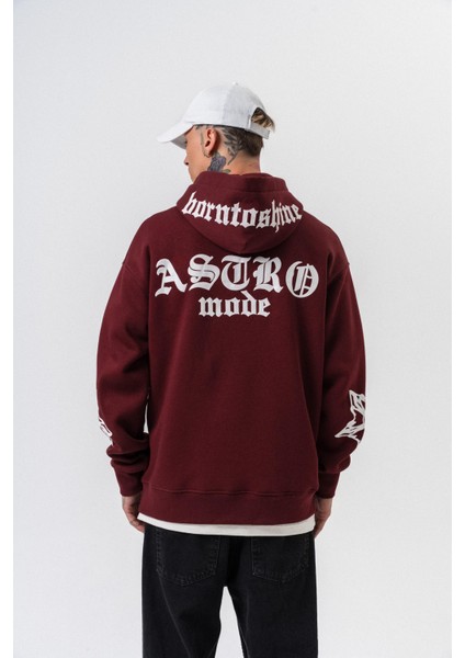 Erkek Astro Mode Baskılı Kapüşonlu Oversize Hoodie Bordo
