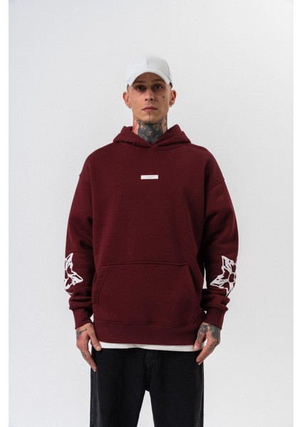 Erkek Astro Mode Baskılı Kapüşonlu Oversize Hoodie Bordo fiyatları