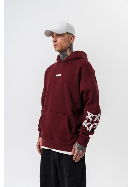 Erkek Astro Mode Baskılı Kapüşonlu Oversize Hoodie Bordo modelleri