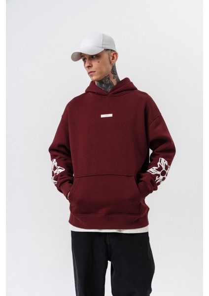 Erkek Astro Mode Baskılı Kapüşonlu Oversize Hoodie Bordo fırsatları
