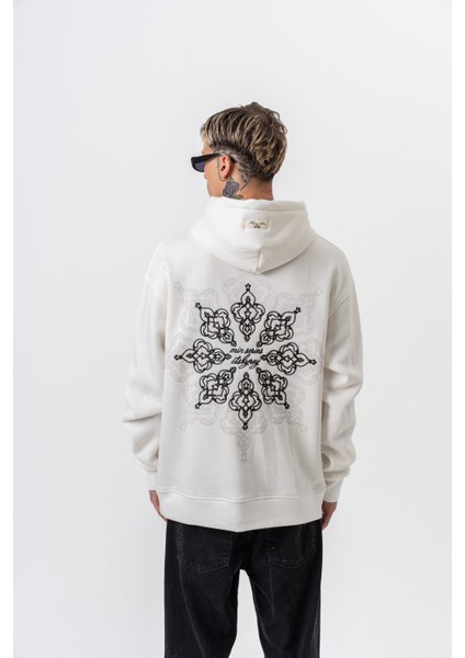 Erkek Itsbyzey Nakışlı Kapüşonlu Oversize Hoodie Ekru