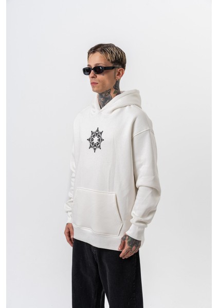 Erkek Itsbyzey Nakışlı Kapüşonlu Oversize Hoodie Ekru modelleri