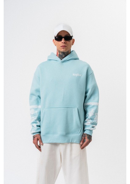 Erkek Raptor Baskılı Kapüşonlu Oversize Hoodie Mavi