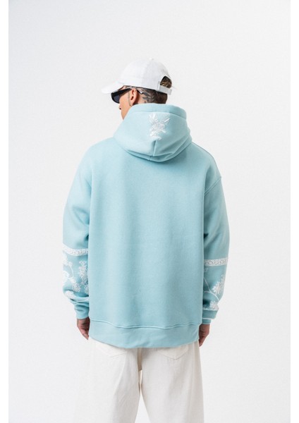 Erkek Raptor Baskılı Kapüşonlu Oversize Hoodie Mavi modelleri