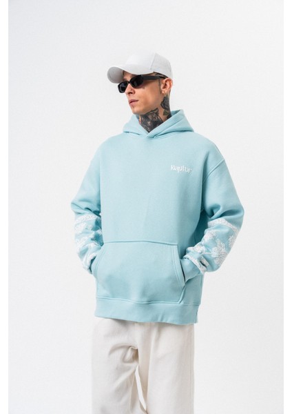 Erkek Raptor Baskılı Kapüşonlu Oversize Hoodie Mavi fırsatları
