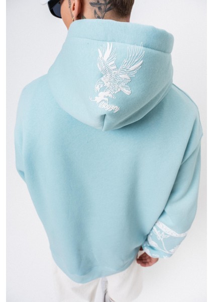 Erkek Raptor Baskılı Kapüşonlu Oversize Hoodie Mavi indirimleri