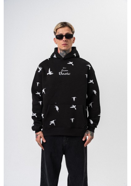 Erkek Far From Basic Baskılı Kapüşonlu Oversize Hoodie Siyah